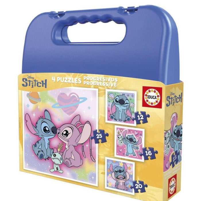 Mala com 4 Puzzles Progressivos Educa Stitch 12 a 25 Peças