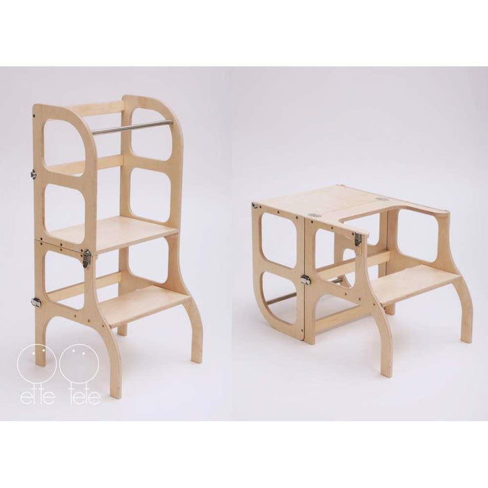 Torre de Aprendizagem e Mesa 2em1 Ette Tete Step´n´Sit em Madeira Natural com Prata