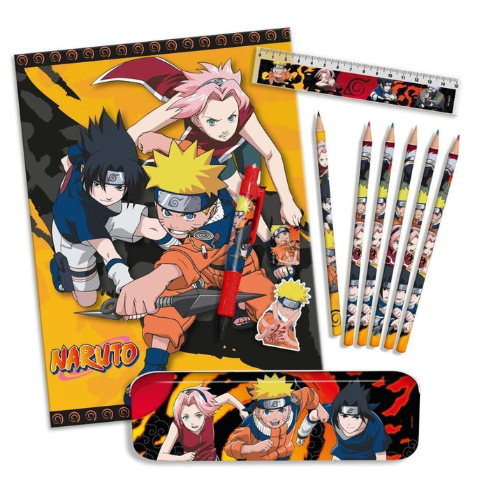 Conjunto de Papelaria com Estojo em Metal Naruto 12 peças