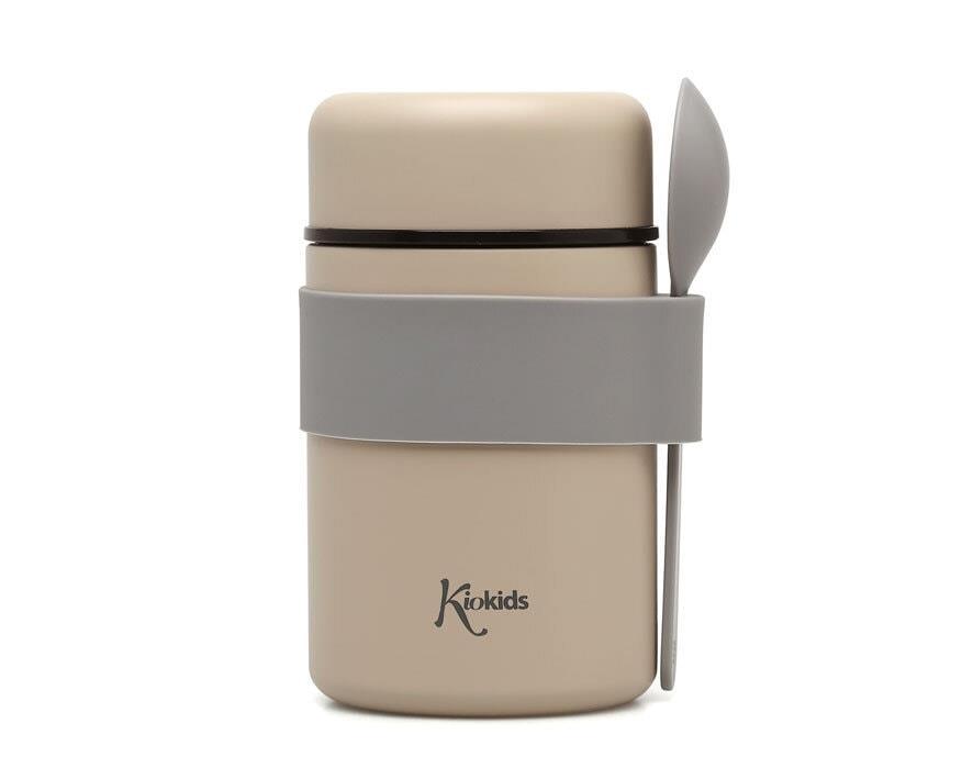 Termo de acero inoxidable para sólidos con cuchara, Kiokids color beige.