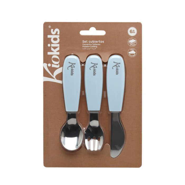 Conjunto de 3 Talheres em Inox com Pega em Silicone Kiokids Azul