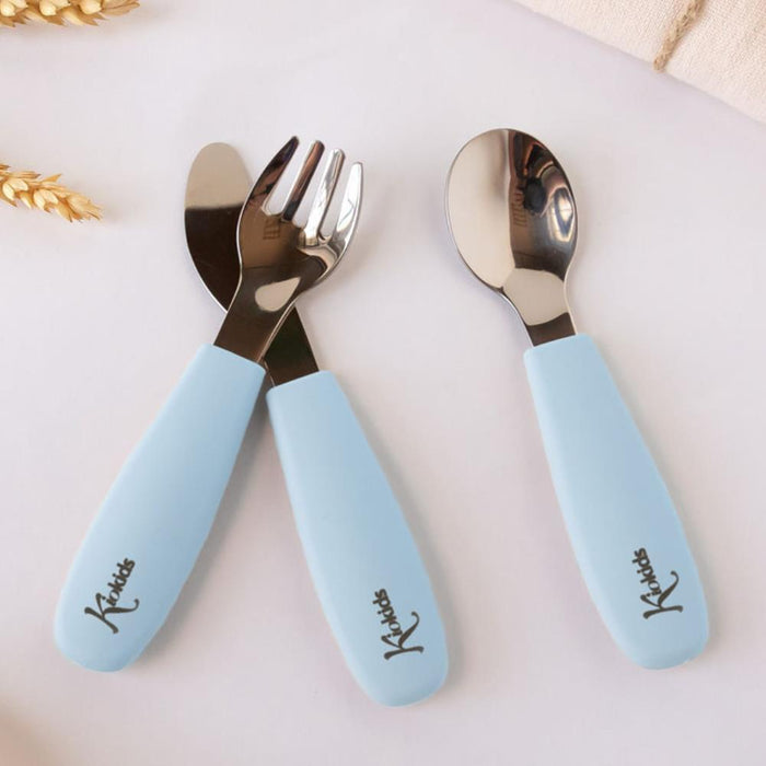 Conjunto de 3 Talheres em Inox com Pega em Silicone Kiokids Azul