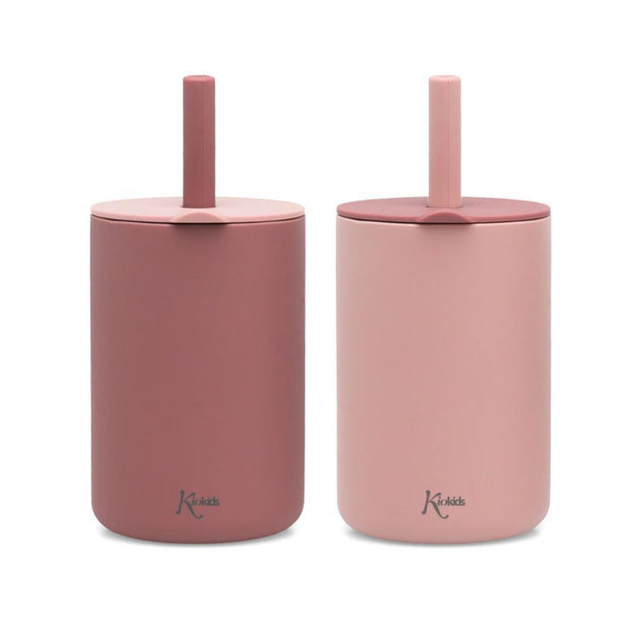 2 Copos em Silicone com Palhinha KioKids Rosa