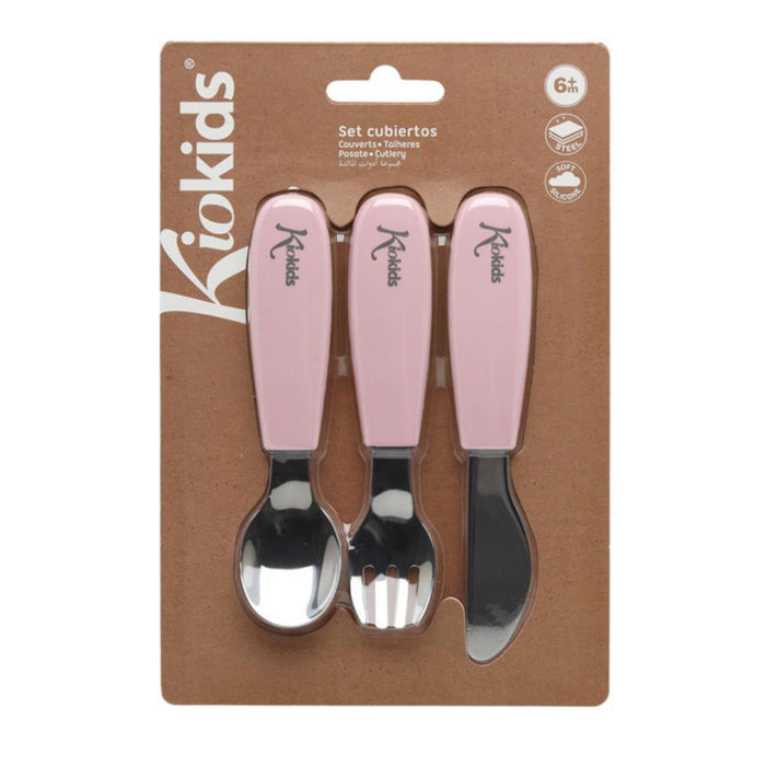 3 Talheres Inox com Pega em Silicone KioKids Rosa
