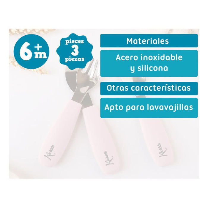 3 Talheres Inox com Pega em Silicone KioKids Rosa