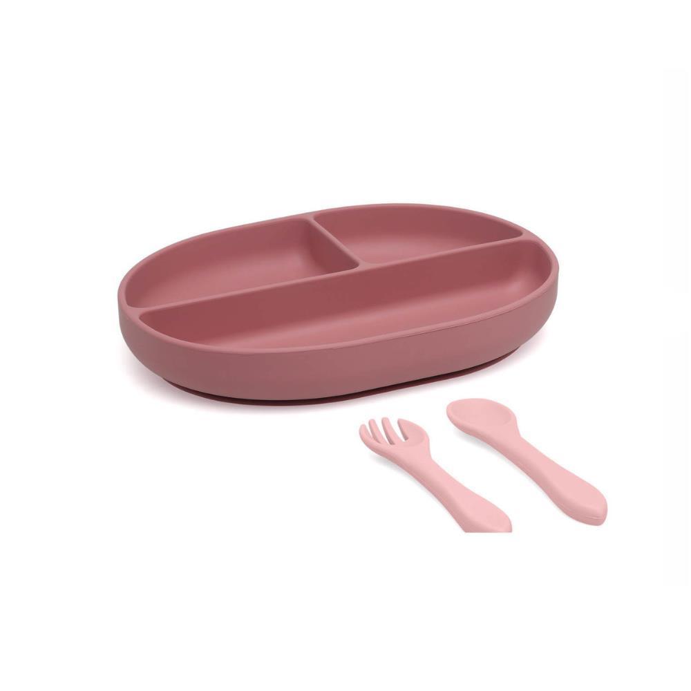 Prato com Divisórias e Talheres em Silicone Kiokids Rosa