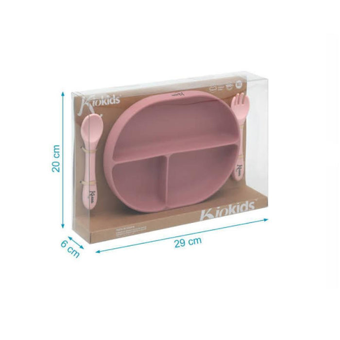 Prato Divisórias e Talheres Kiokids Silicone Rosa