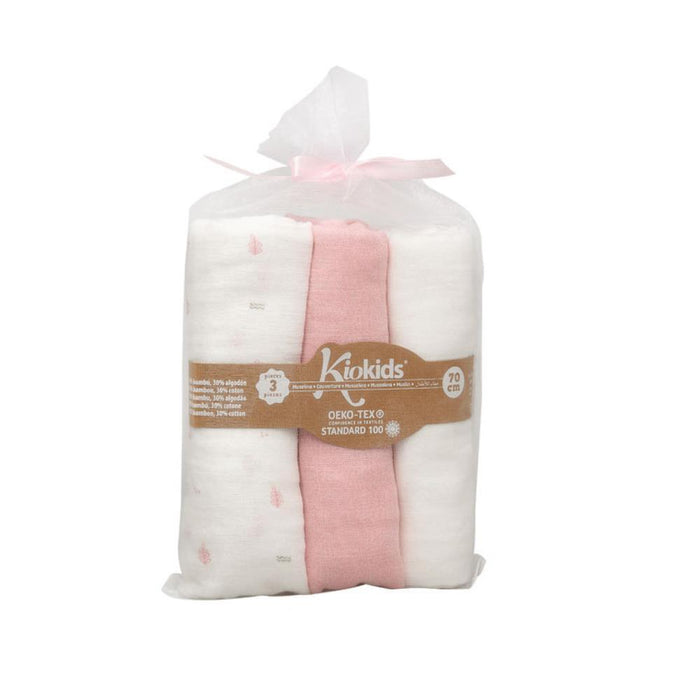 3 Musselinas em Bambu  Kiokids Rosa 70x70cm
