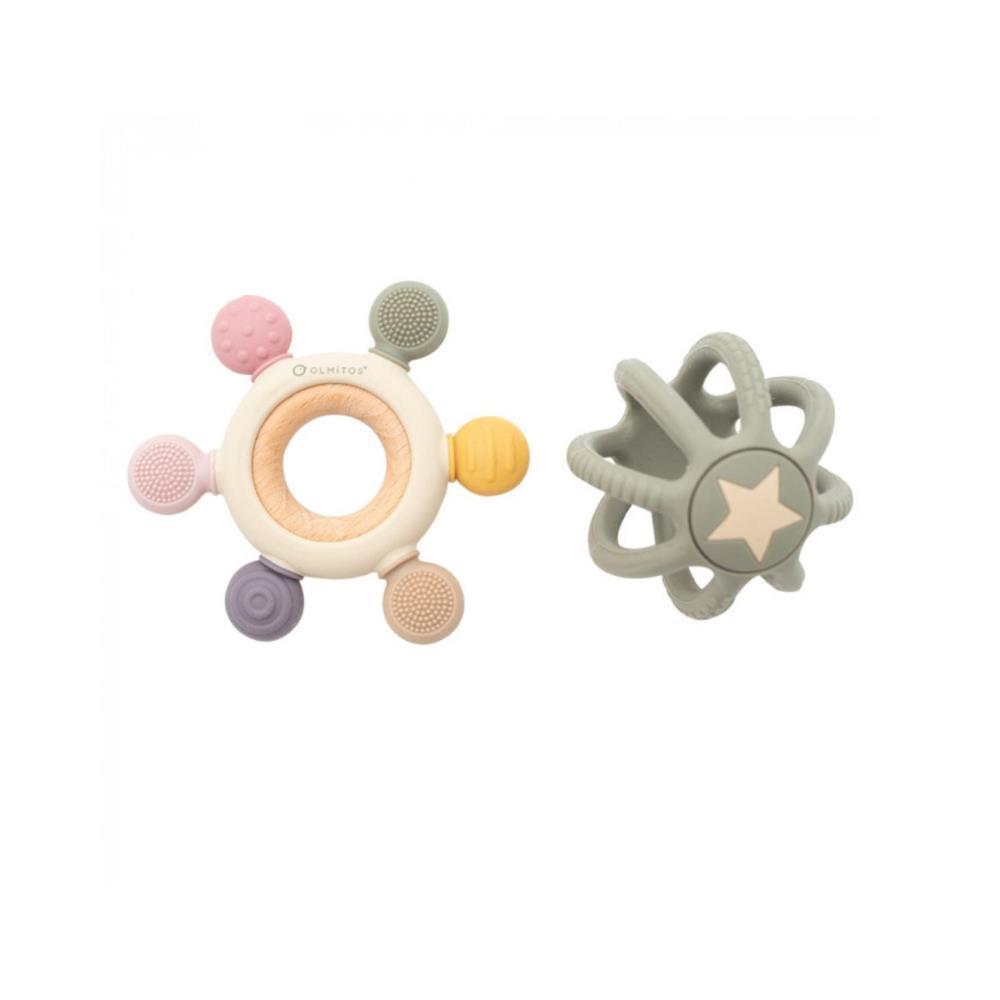 2 Mordedores Sensoriales de Silicona Beige y Verde