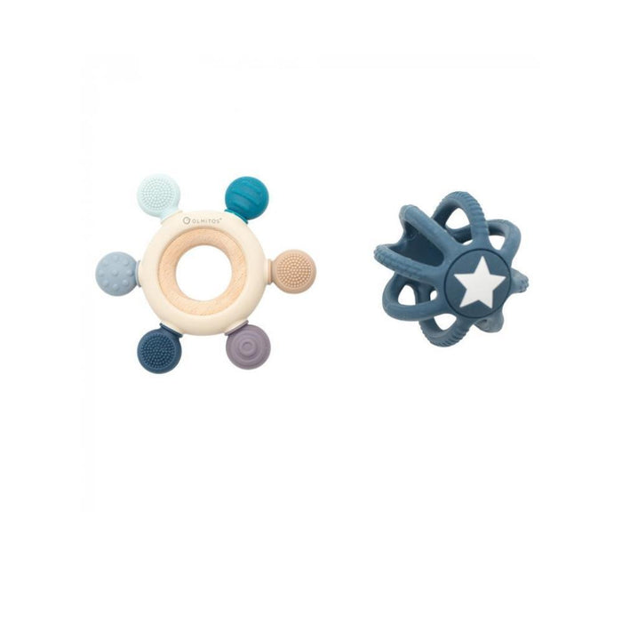 2 Sensory Teethers in Beige and Blue Silicone