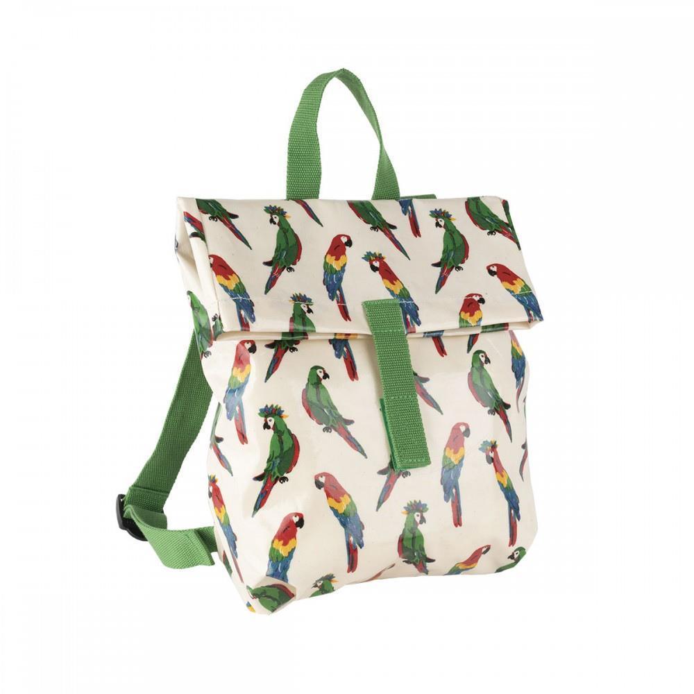 Mochila Mini Petit Jour Roll Top con diseño de loros, color verde, 30x28cm