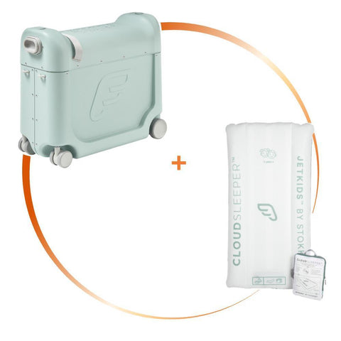 Pack Stokke JetKids Mala de Viagem BedBox Green Aurora + Cama Insuflável JetKids CloudSleeper White
