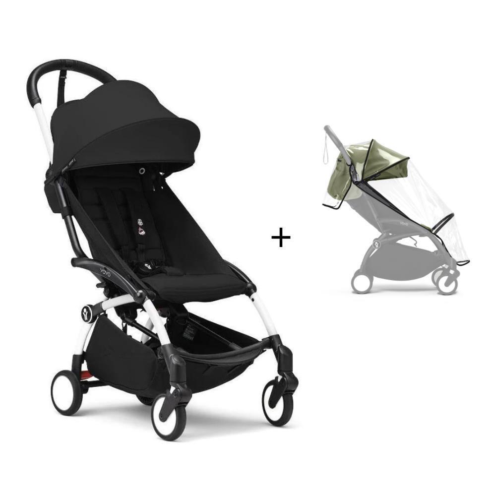 Paquete de chasis blanco Stokke Yoyo³ + paquete de color + 6M negro + funda para la lluvia
