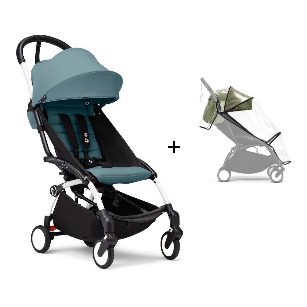 Stokke Yoyo³ Chassis Pack White + 6M Aqua Color Pack + Rain Cover