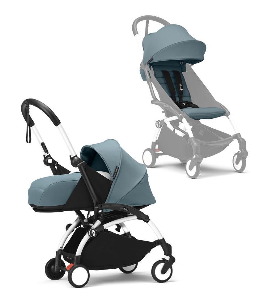 Pack de chasis blanco Stokke Yoyo³ + 6M Aqua + Pack para recién nacidos 0+ Aqua