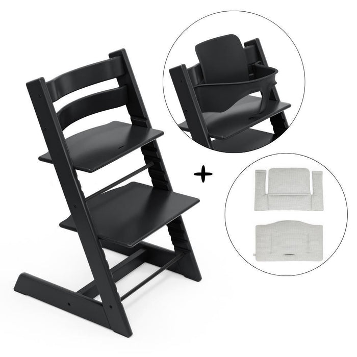 Pack Stokke Tripp Trapp + Baby Set² Black + Almofada Clássica Nordic Grey