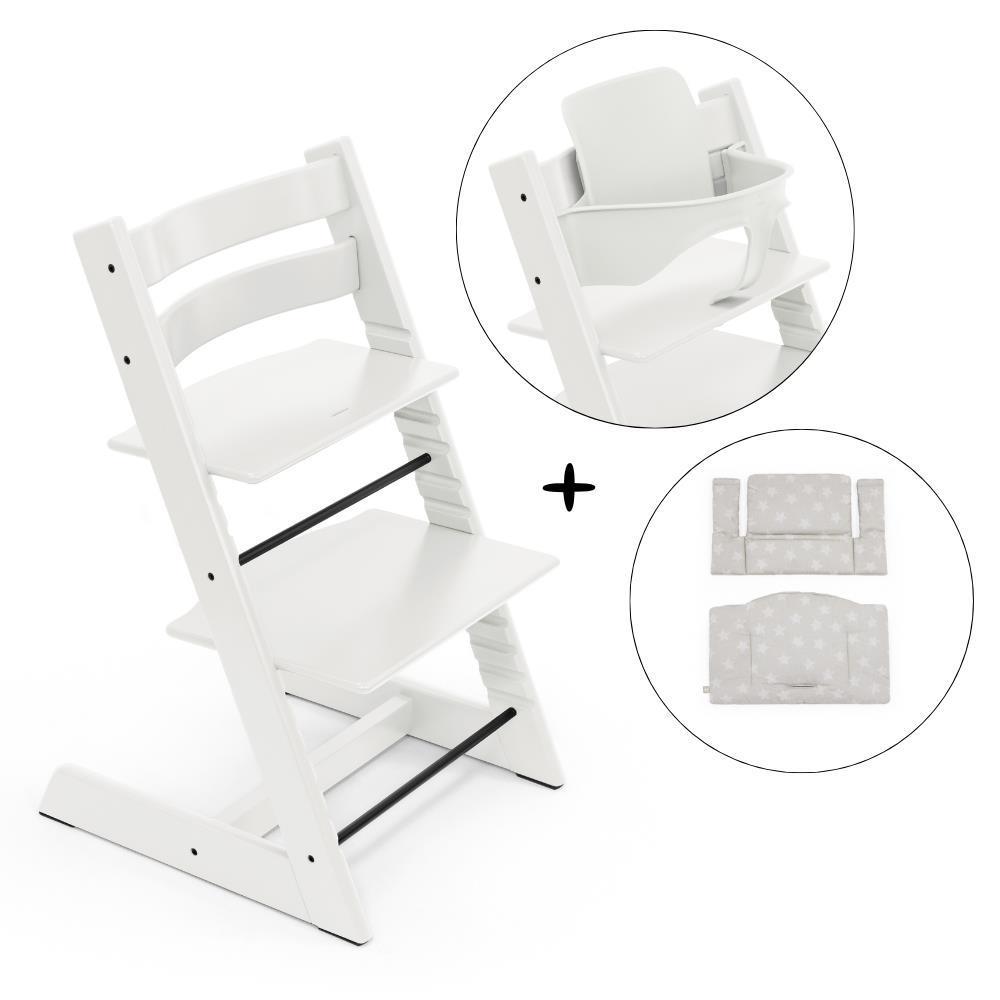Stokke Tripp Trapp Wooden High Chair Bundle + Baby Set² White + Classic Cushion Star Silver