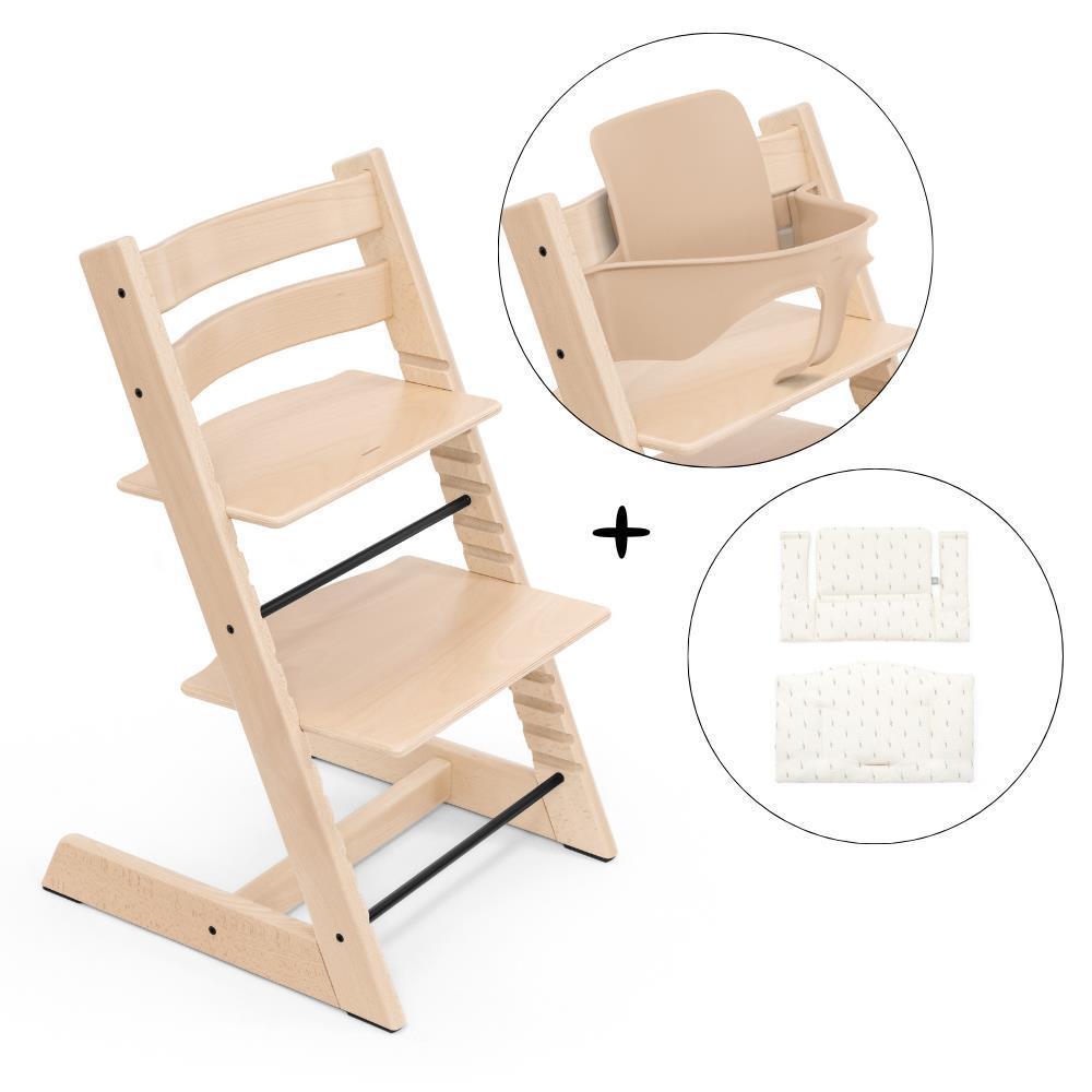 Pack Cadeira da Papa Stokke Tripp Trapp em Madeira + Baby Set² Natural + Almofada Clássica Wheat Cream