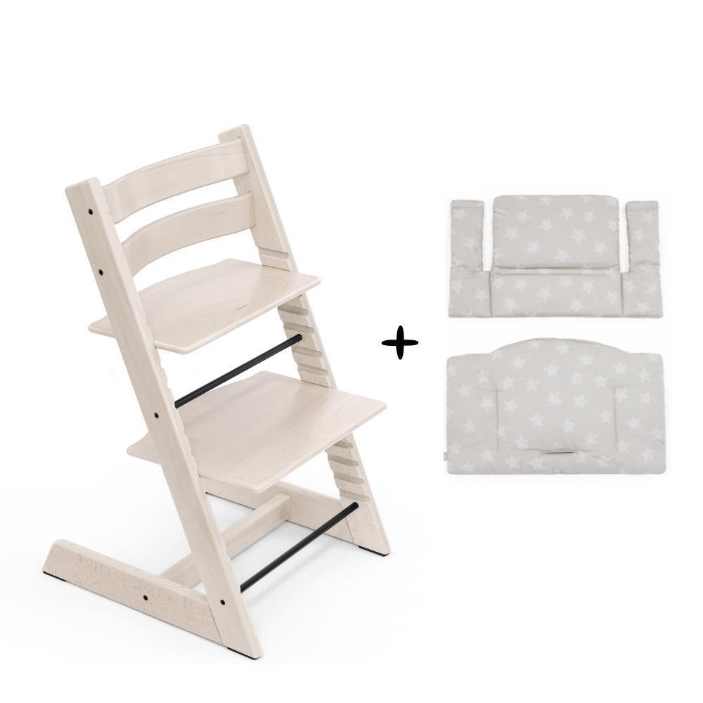 Silla Papa Stokke Tripp Trapp Whitewash + Juego de cojines clásicos Star Silver