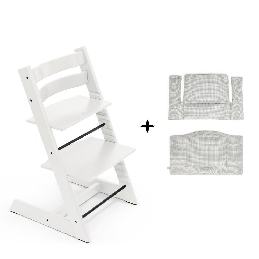 Pack Cadeira da Papa Stokke Tripp Trapp em Madeira White + Almofada Clássica Nordic Grey