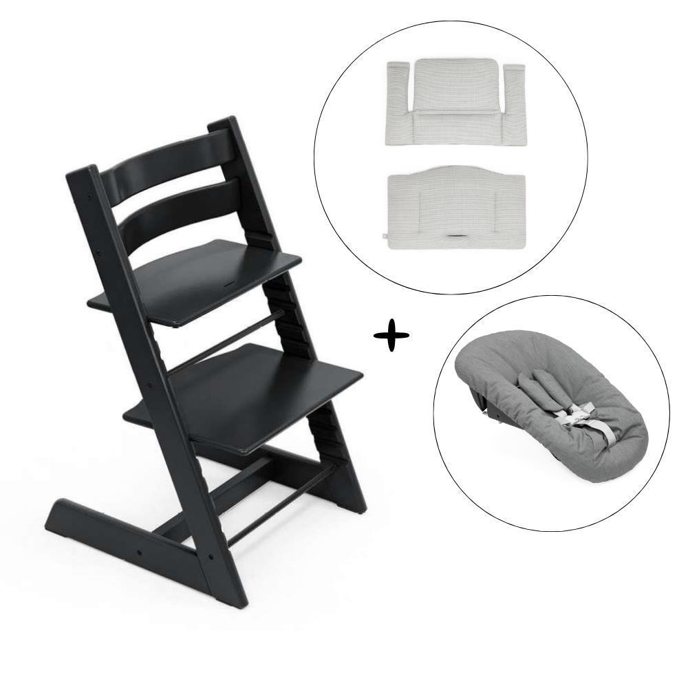 Pack Cadeira da Papa Stokke Tripp Trapp em Madeira Black + Newborn Set Anthracite + Almofada Clássica Nordic Grey