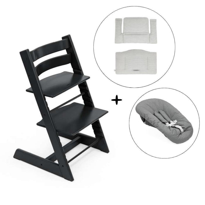 Pack Cadeira da Papa Stokke Tripp Trapp Black + Newborn Set Anthracite + Almofada Clássica Nordic Grey