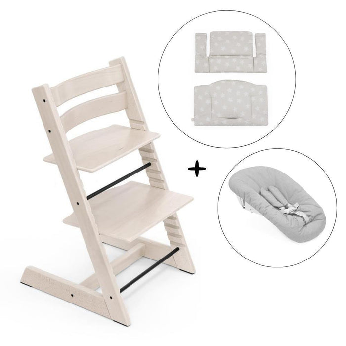 Pack Cadeira da Papa Stokke Tripp Trapp Whitewash + Newborn Set Grey + Almofada Clássica Star Silver