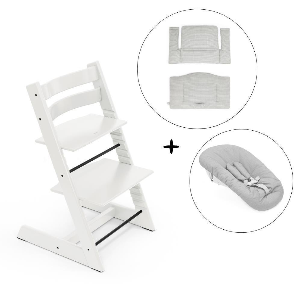 Trona Stokke Tripp Trapp blanca + Set para recién nacido gris + Paquete de cojines clásicos Nordic Grey