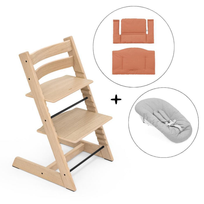 Pack Cadeira da Papa Stokke Tripp Trapp em Madeira Oak Natural + Newborn Set Grey + Almofada Clássica Terracota