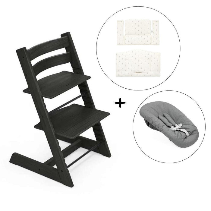 Pack Cadeira da Papa Stokke Tripp Trapp em Madeira Oak Black + Newborn Set Anthracite + Almofada Clássica Wheat Cream