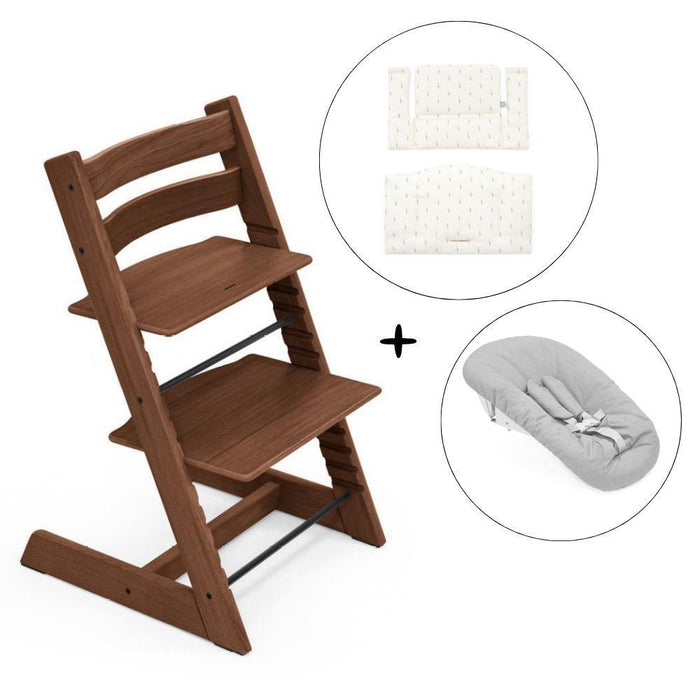 Pack Cadeira da Papa Stokke Tripp Trapp em Madeira Oak Warm Brown + Newborn Set Grey + Almofada Clássica Wheat Cream