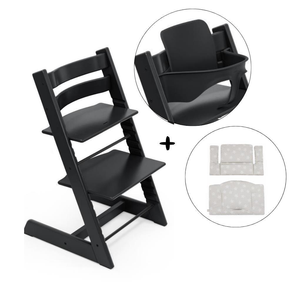 Mochila Stokke Tripp Trapp Pack + Baby Set² Negra + Almohada Classic Star Plateada
