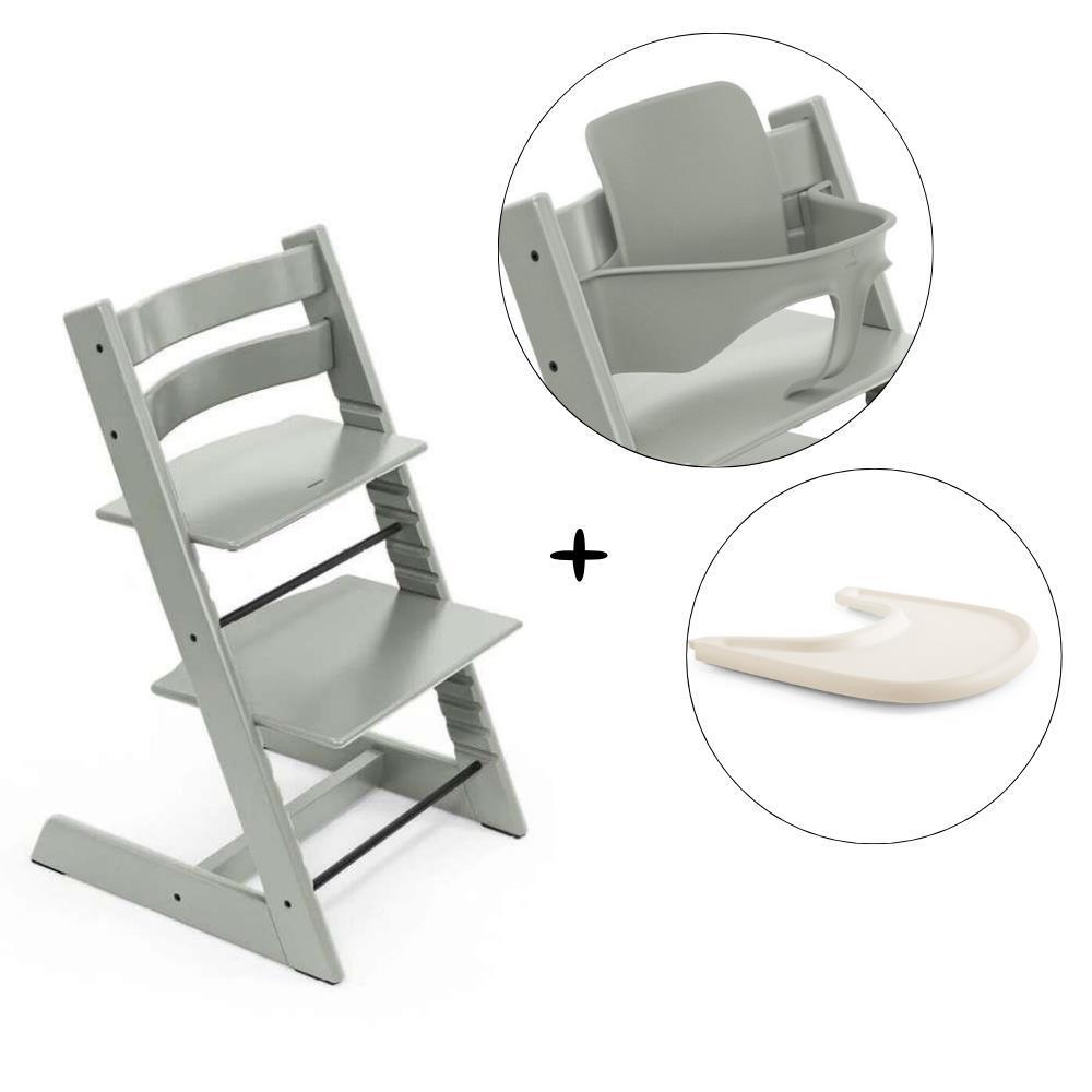 Stokke Tripp Trapp High Chair Bundle in Wood + Baby Set² Glacier Green + Tray Vanilla White