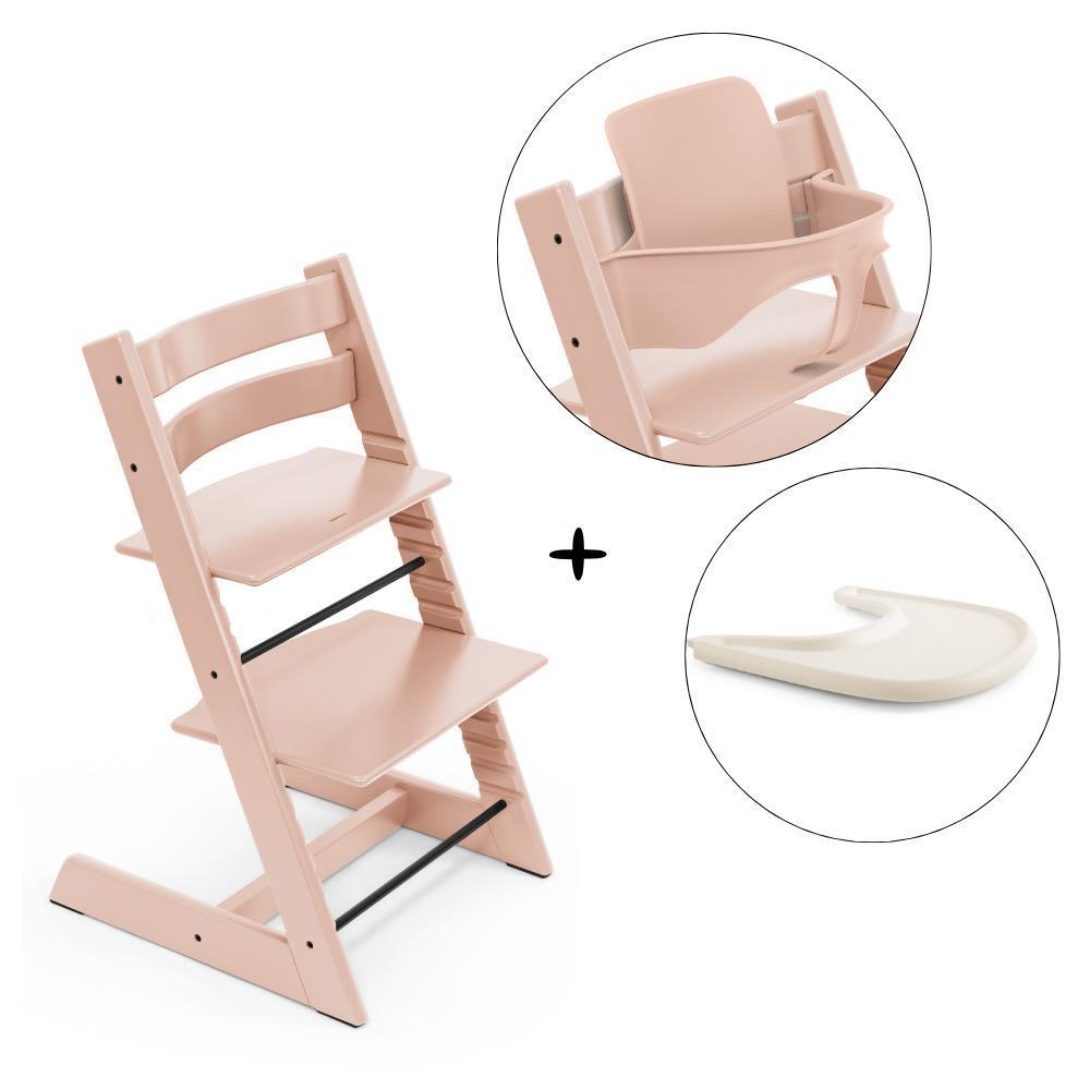 Pack Cadeira da Papa Stokke Tripp Trapp em Madeira + Baby Set² Serene Pink + Tabuleiro Vanilla White