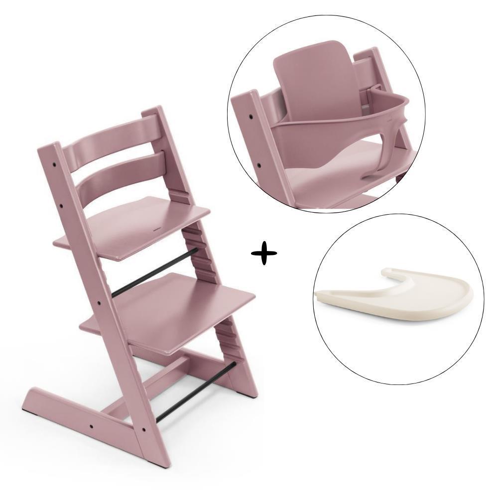 Stokke Tripp Trapp High Chair Bundle in Wood + Baby Set² Heather Mauve + Tray Vanilla White