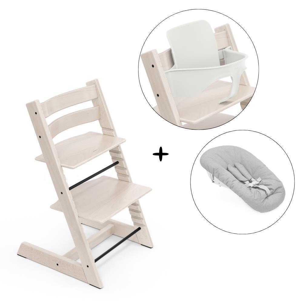 Stokke Tripp Trapp High Chair Pack in Whitewash Wood + Baby Set² White + Newborn Set Grey