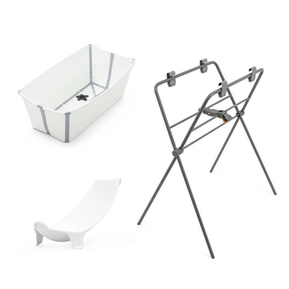 Pack Stokke Banheira Dobrável Flexi Bath White Grey + Assento + Suporte