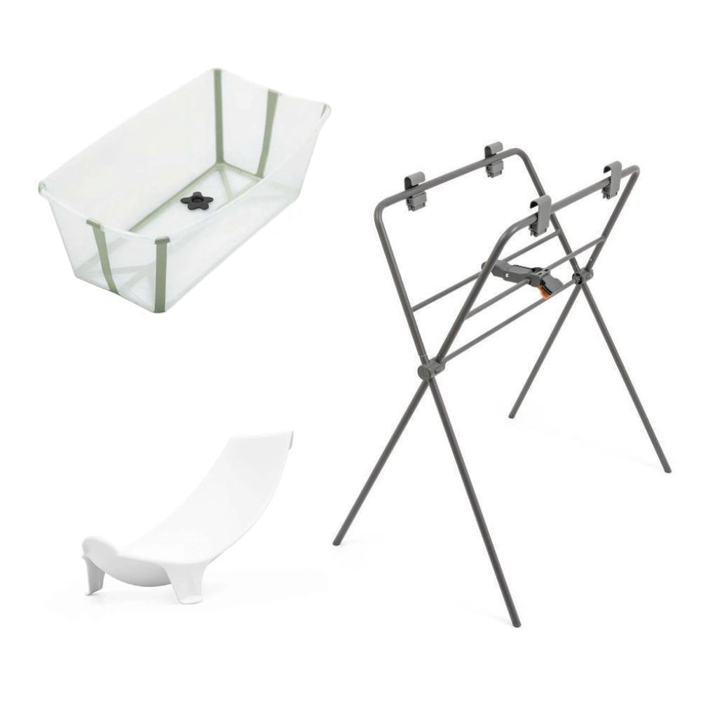Pack Stokke Banheira Dobrável Flexi Bath Transparent Green + Assento + Suporte