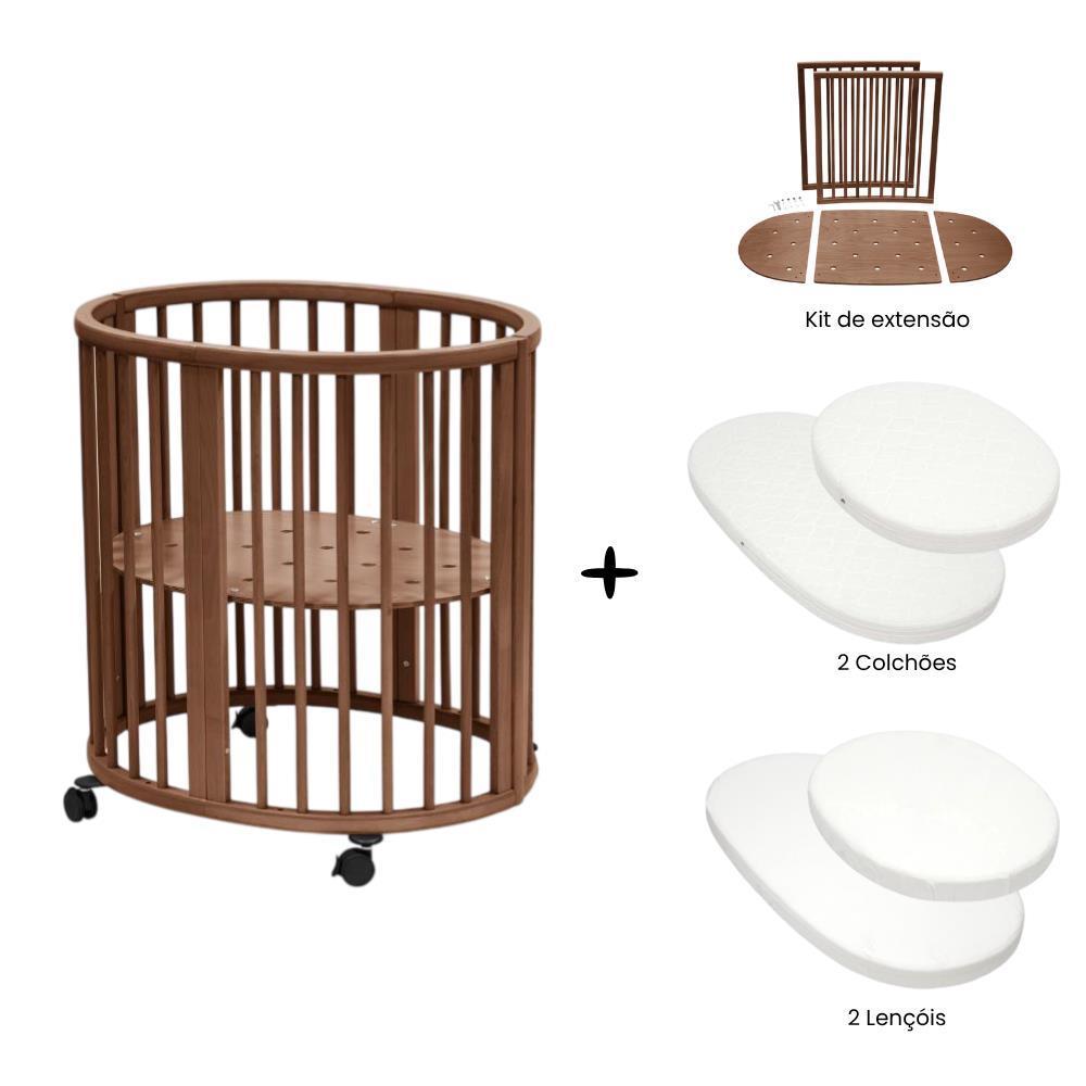 Pack Stokke Berço Sleepi V3 Warm Brown+ Kit de Extensão + 2 Colchões + 2 Lençóis Ajustáveis White