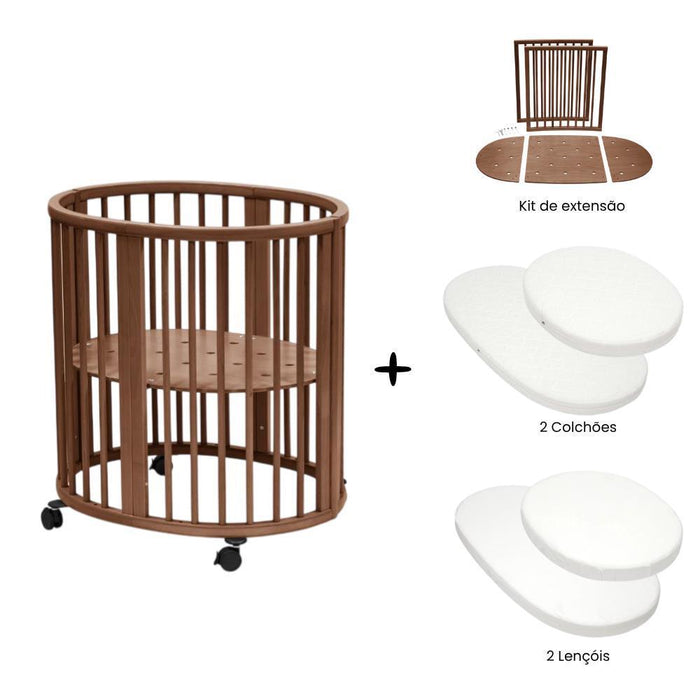 Pack Stokke Berço Sleepi V3 Warm Brown+ Kit de Extensão + 2 Colchões + 2 Lençóis Ajustáveis White