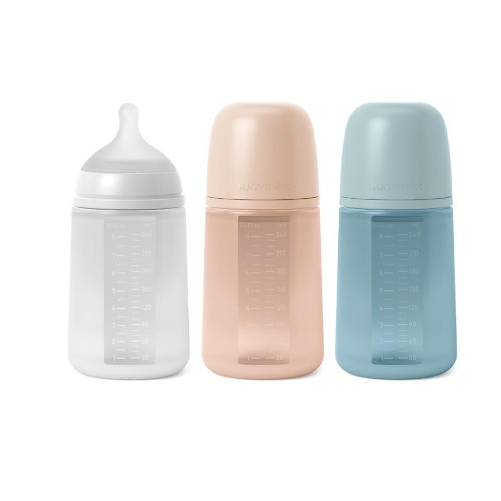 Biberón de silicona Suavinex, flujo medio, colores suaves, 240 ml