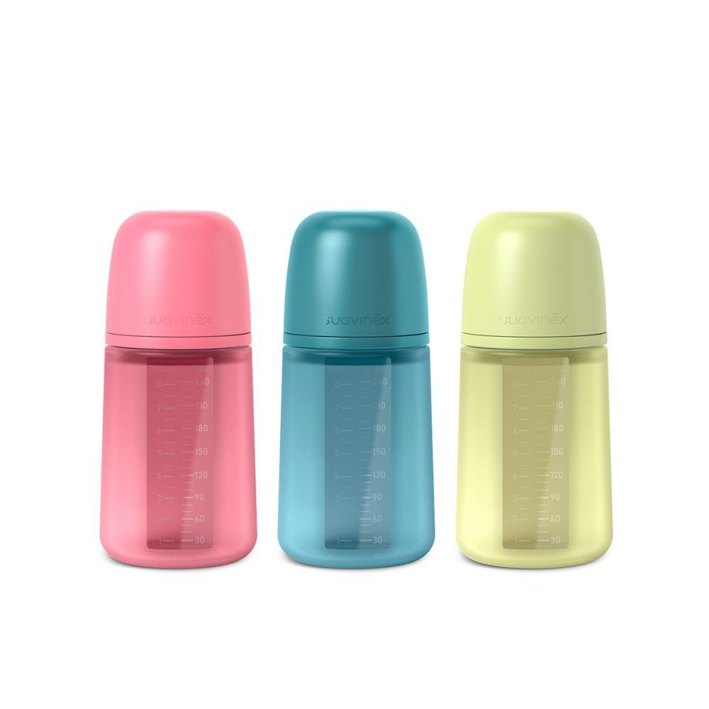 Biberón de silicona Suavinex, flujo medio, colores intensos, 240 ml