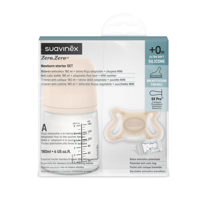 Newborn Starter Set Suavinex Zero Zero Fair com Biberão Fluxo A 180ml e Chupeta -2-2m