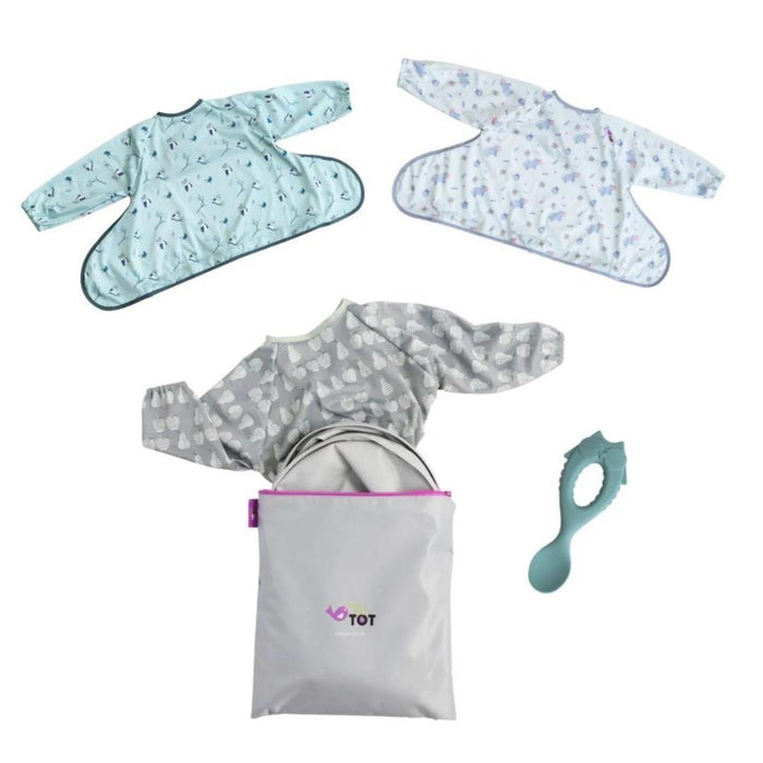 Extensor de Tabuleiro Tidy Tot com 3 Babetes com Mangas Grey e Colher de Aprendizagem em Silicone