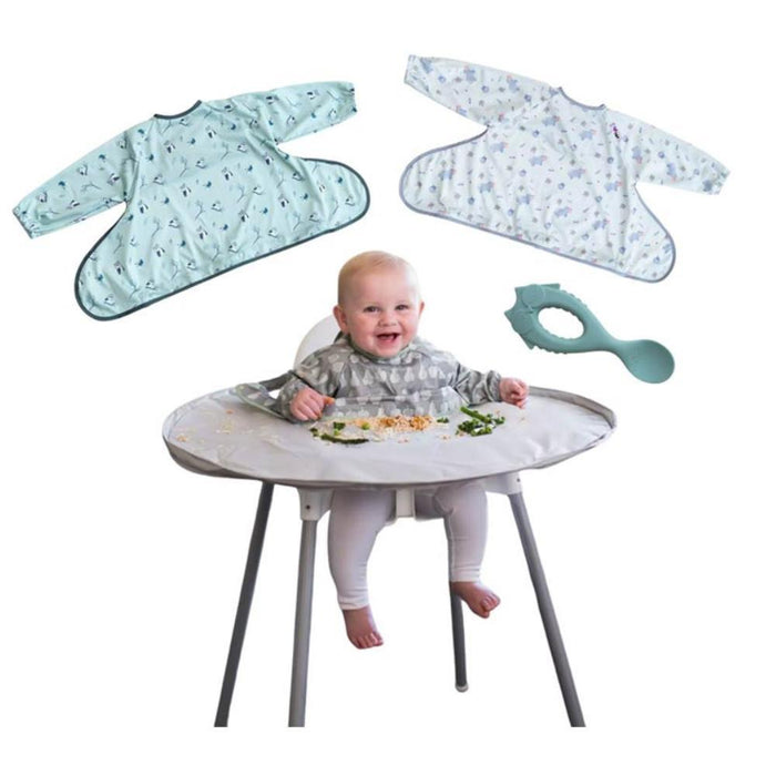 Extensor de Tabuleiro Tidy Tot com 3 Babetes com Mangas Grey e Colher de Aprendizagem em Silicone