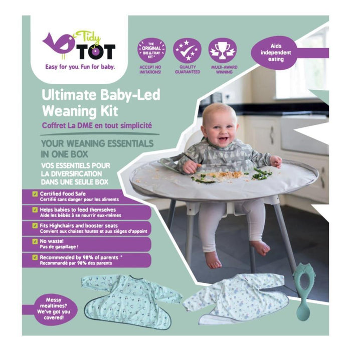 Extensor de Tabuleiro Tidy Tot com 3 Babetes com Mangas Grey e Colher de Aprendizagem em Silicone