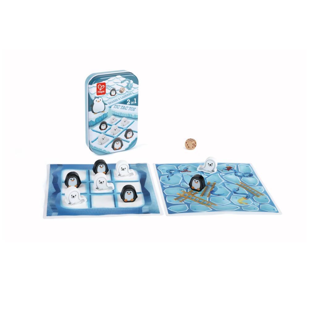 Hape 2-in-1 Travel Game: Tic-Tac-Toe + Snakes and Ladders in Metal Tin