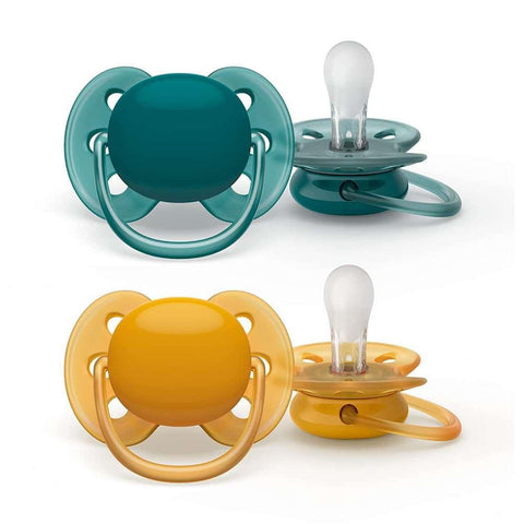 2 Ultra Soft Pacifiers Green and Ochre 6-18m