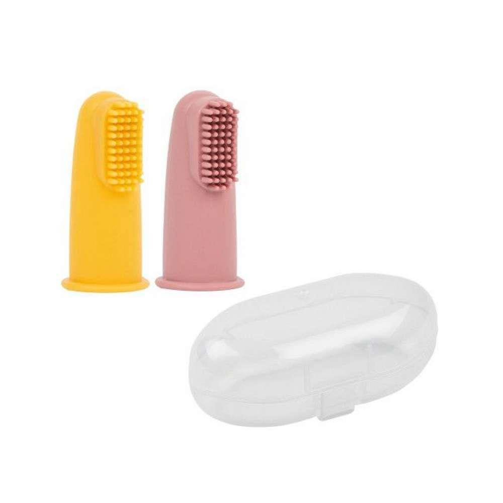 2 Baby Finger Toothbrushes with Case Yellow/Pink