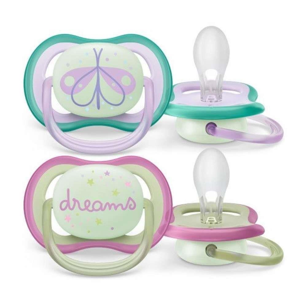 2 Philips Avent Ultra Air Nighttime Pacifiers 0-6m Girl